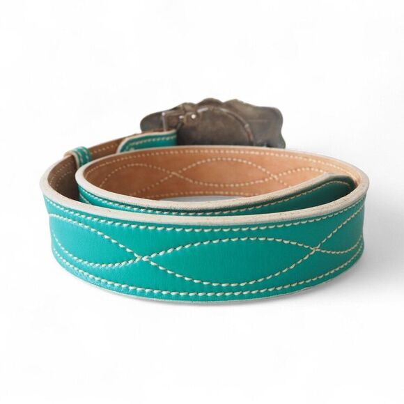 Unbranded Vintage Steel Belt Buckle with Hereford Leather Turquoise Belt 28 - Picture 3 of 7